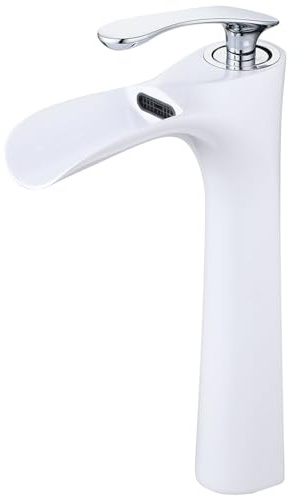 Robinet Lavabo Cascade Robinet Salle de Bain, Mitigeur Lavabo avec Haute Bec, Blanc & Chromé