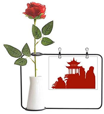 Beauty Gift China Pavilion Mountain Outline Illustration Artificial Rose Flower Hanging Vases Decoration Bottle