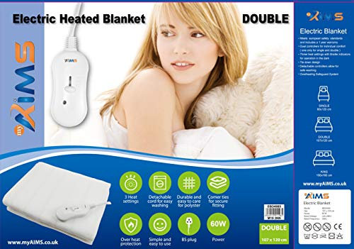 AIMS Electric Blanket DOUBLE Heated Under Bed Comfort Detachable Controller with 3 Heat Settings, Polyester, White Super Cosy Washable Fleece Heated Blanket Throws Pad, Coverlet, mantle