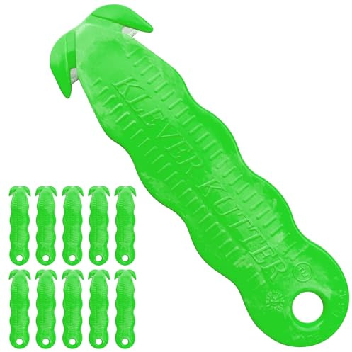 Klever Kutter - Safety Cutter Tool (Pack of 10) Green, Unique Double Hook Design - Disposable Box Cutter with Cutting Blade for Letter, Strap, Carton, Package, Envelope and Box Opener.