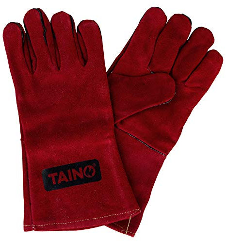 TAINO Grillhandschuhe Leder Hitzebeständig Kaminhandschuhe Feuerfest Ofenhandschuhe mit Fingern Universalgröße Rot