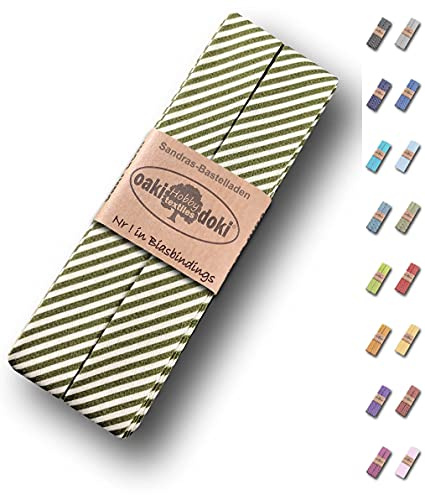 Sandras-Bastelladen Schrägband/Einfassband Baumwolle gefalzt 3m x 20mm - Streifen Muster 6008-Grün-Weiß