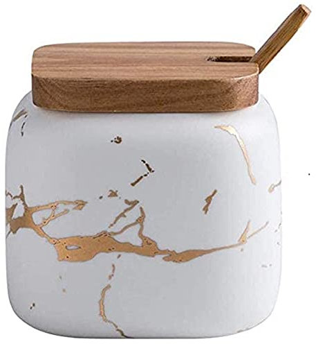 MAGICVOGEL Pot à épices en céramique aspect marbre 360 ml - Avec couvercle et cuillère - 9 x 8,7 cm - Blanc