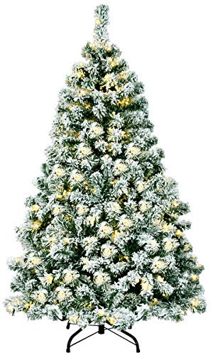 COSTWAY 135/180/225cm Künstlicher Weihnachtsbaum mit Schnee und warmweißen LED-Leuchten, Tannenbaum mit Metallständer, Christbaum PVC Nadeln, Kunstbaum Weihnachten grün (135cm)