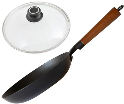 BAF Gusseisen Pfanne Induktion 26 cm mit Glasdeckel - Antihaft beschichtete Bratpfanne mit Holzgriff, 5 cm Randhöhe - Pfannenboden mit Wabenstruktur - für alle Herdarten