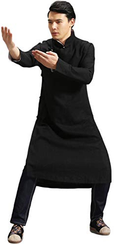 Men’s Chinese Traditional Kungfu Tai Chi Cheongsam Suit Mandarin Cotton Linen Martial Arts Uniforms Long Shirt (S, Black)