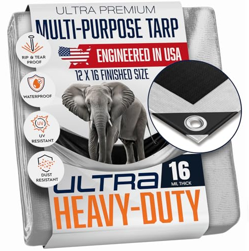 12x16 Ultra Heavy Duty Tarp, Extra Thick 16 Mil, UV Resistant, Grommets Every 18 Inches - Waterproof Plastic Poly Tarpaulin - (Reversible, Silver and Black) (12' x 16' Feet)
