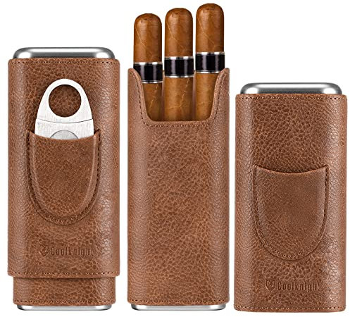 COOL KNIGHT Zigarrenetui aus Leder – Zedernholzfutter Reisehumidoren für Zigarren – Zigarrenzubehör inklusive Edelstahl Zigarrenschneider – Zigarren-Geschenkbox für Zigarrenliebhaber (braun)