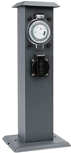 Grafner Edelstahl Design Gartensteckdose mit Zeitschaltuhr 2 Steckdosen, anthrazit, ON/Auto, 3600 Watt, Pulverbeschichtung, Energiesäule Timer Mehrfach Metall Außen Steckdose 2-Fach schwarz lackiert