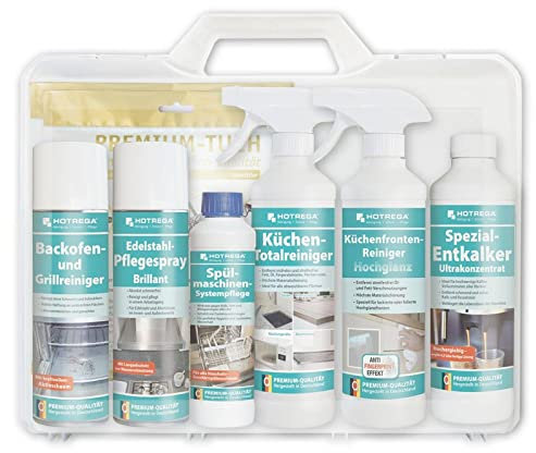 HOTREGA Küchen-Set Reinigung und Pflege Küchengeräte 8-teilig, Allzweckreiniger, Entkalker Kaffeemaschine Spülmaschine, Microfasertuch