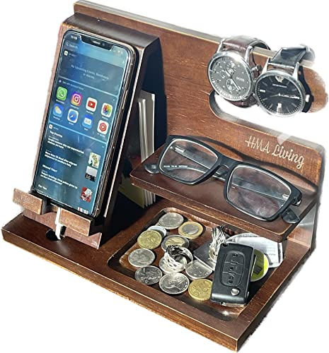 HMA LIVING Regali per gli uomini Docking Station telefono in legno portachiavi portafoglio stand orologio organizzatore uomo regalo marito moglie anniversario per papà compleanno maschio idea gadget