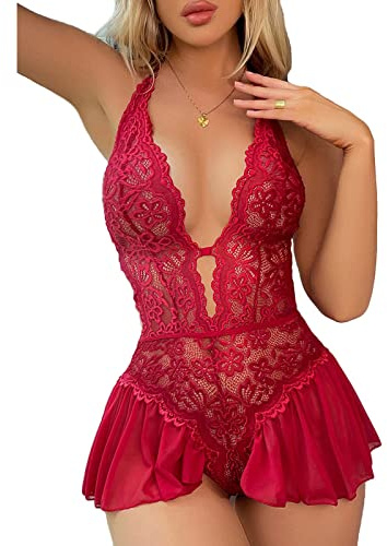 Body Lencería Picardias Encaje Sexy Mujer, Bodysuit Babydoll Cordones Halter,Camisón Transparente,Ropa Interior Malla Cuello V,Mini Vestido Hueco Ropa Dormir Una Pieza de San Valentín (Borgoña)