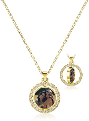 JSDDE Personalisiert Kette mit Fotogravur Rund Herz Drehbar Anhänger mit Zirkonia Personalisierte Geschenke für Damen Herren Freundin Partner, Gold/Silber