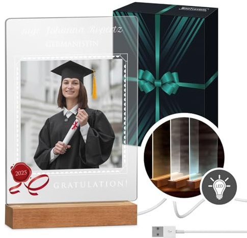 Maverton beleuchteter LED-Rahmen mit eigenem Foto - personalisiertes Acrylglasbild mit Holzständer mit LED-Beleuchtung - Glasfoto für Frauen zum Geburtstag - Größe: 21x32x4,5cm - Magister