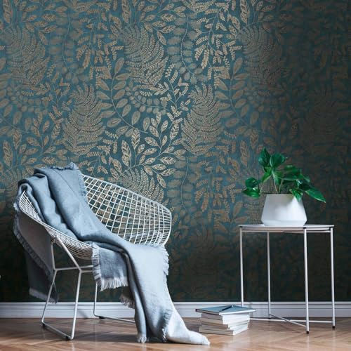 K&L Wall Art Glitzer Blumentapete Silber Gold Vliestapete florale Bilder Wohnzimmer Dschungeltapete inkl. Tapezier-Ratgeber (Blau, Gold, Petrol)