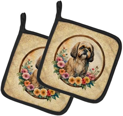 Caroline's Treasures Lhasa Apso and Flowers Pair of Pot Holders Kitchen Heat Resistant Pot Holders Sets Oven Hot Pads for Cooking Baking BBQ, 7 1/2 x 7 1/2