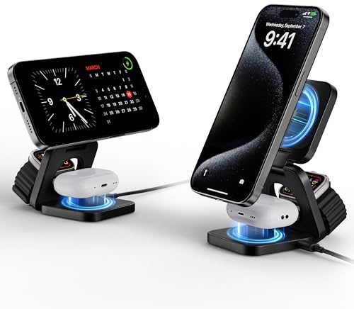 LULULOOK Aluminium 3 in 1 Ladestation Apple Watch und iPhone, Faltbar Kabelloses Ladestation für iPhone 16/15/14 Serie, 5W Reisen Schnelles Aufladen für Apple Watch AirPods, Mehrere Geräte (Schwarz)