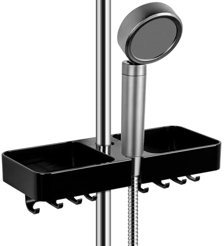 Aoleca Duschablage Ohne Bohren,Duschstangen Aufbewahrungsregal mit Hängendem Duschkopfhalter, Acht Haken und Multifunktionalem Duschregal für 18 mm – 26 mm Duschstangen, Schwarz
