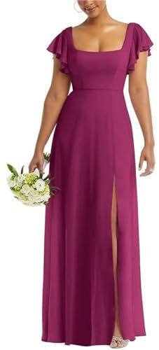 KURFACE Vestido de invitada de boda una línea simple de manga corta hasta el suelo vestido de dama de honor para mujer WSX423, Fucsia Oscuro, 42