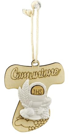 Doni Bomboniere Kommunion 12 Stück Kleiderbügel aus Holz in Form von DIY Dekoration Tischkarten Tao stilisiert mit Gravur und Kreide Kelch Hostie Lanyard komplette originelle Geschenkideen