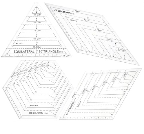 SMGDA 4Pcs Quilting Ruler, Handmade Quilting Templates, 60 Degree Triangle and Diamond, 45° Diamond, Hexagon Templates, Patchwork Sewing Craft Ruler for Drawing, Cutting, Plate and Clothing Design