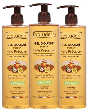 EVOLUDERM – Gel Douche Soyeux Huile Précieuse - 500 ml - 96% d’Origine Naturelle - Végan - Fabrication Française - Lot de 3 x 500 ml