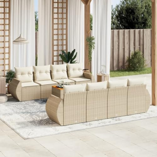 Rantry 9-TLG. Gartenmöbel Set mit Kissen Gartensofa Gartenlounge Balkonmöbel Loungesofa Ecklounge Ecksofa Sitzgruppe mit Gartentisch Loungemöbel Beige Poly Rattan