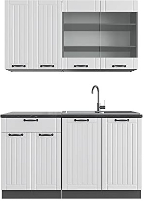 Vicco Singleküche Fame-Line, Weiß Landhaus/Anthrazit, 140 cm | 4 Module · Höhenverstellbare Füße · AP Anthrazit inkl. · MDF-Fronten · Softclose · Metallgriffe