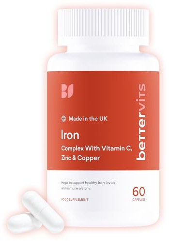 Bettervits Iron Tablets High Strength | Iron Supplements for Women and Men - Ferrous Bisglycinate Formulation | Active Vitamins C, B6, B9, B12, Zinc, Copper | Energy and Vitality - 60 Capsules