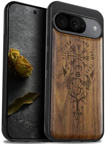Carveit Étui pour Google Pixel 9 Coque, (Noyer-Viking Compas) | [Pare-Chocs en TPU Souple] Coque Protection de Téléphone Antichoc Compatible avec Google Pixel 9 Étui Bois