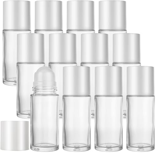 EATHEATY 12 PCS 50ML Refillable Roller Ball Applicator - Glass Empty Deodorant Roller Bottle with Lid - Roll On Bottles Containers for Perfume, Essential Oils, Cosmetic