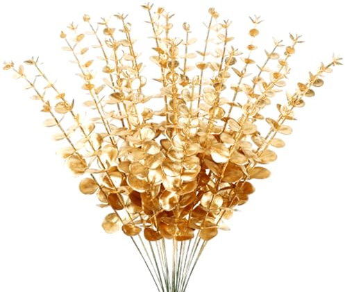 Hacintre 32 stycken konstgjorda eukalyptusdekorationer, konstgjorda eukalyptusväxter grenar för inomhus utomhus dekoration, fest, tacksägelse, kamindekoration, bordsdekoration, blomarrangemang (guld)