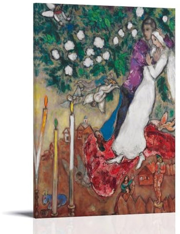 YYUEQIL The Three Candles by Marc Chagall Gemälde, Poster, Bild, Druck, Leinwand, Wandfarbe, Kunst, Dekor, moderne Wohnkunstwerke, Geschenkidee, Rahmen, 50 x 75 cm