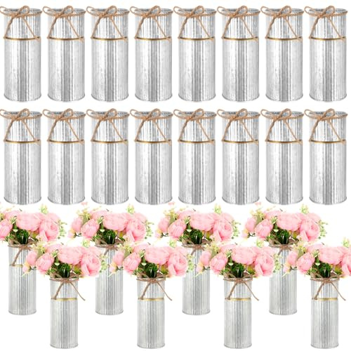 Mimorou 16 Pcs 7.48 Inch Vases for Centerpieces Galvanized Flower Vase Metal Vase with Twine Bow Rustic Vintage Vases Tin Wedding Mason Jars Farmhouse Vase Bucket Decor for Home Table (Silver)