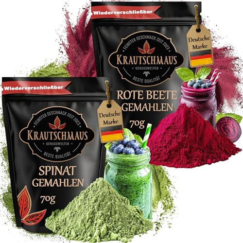 je 70g Rote Beete Pulver, Spinatpulver von Krautschmaus, für Desserts, Smoothies, Milkshakes und Joghurts, zum Kochen, getrocknet, gemahlen, intensive Farbe, natürliche Lebensmittelfarbe