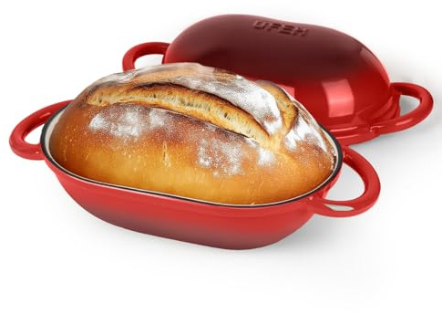 UFEH Dutch Oven zum Brotbacken - Premium Gusseisentopf mit Deckel - Perfekt für Sauerteig, handwerkliche Brote & knickfreies Brot - 2 QT / 1,9 L (emailliert, rund, ofen- & herdfest), rot