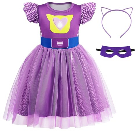 Marendyee Kitties Sparks kostym barn flickor halloween kostymer fladdrande ärm nät fåll klänning med katt öga mask och pannband födelsedagsfest outfit 9-10 år