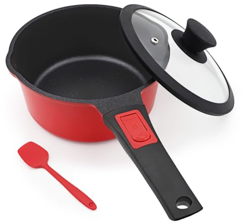 Bobikuke Kasserolle 20cm mit Deckel, 2.5L Antihaft-Stielkasserolle- Rot | Milchtopf mit Abnehmbarer Griff Geeignet für alle Herdarten, Ofenfest