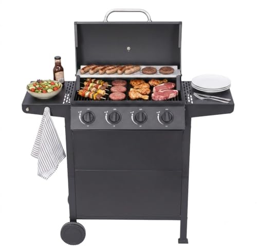 BBQ Kingdom 4-Burner Gas BBQ Grill with Two Side Tables, Warming Rack, Removable Grease Tray, Storage Shelf, Utensil Hooks, Wheeled, Thermometer, Adapator, Hose and Weather Cover Included, Black