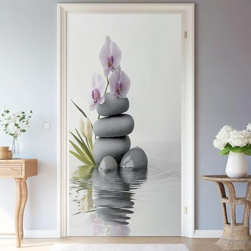 3D Türaufkleber 88 x 200 cm Eleganz Steine Blumen Tür Türtapete Selbstklebend Wasserdicht Abnehmbar Türfolie TürPoster Fototapete Wohnzimmer Schlafzimmer Küche Bad Dekoration, Grau Lila