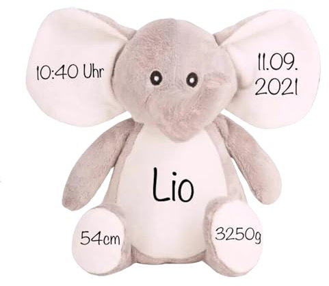 Elefant Baby Geschenk Kuscheltier personalisiert mit Namen und Geburtsdaten I 24cm I Geschenkidee zur Geburt I Taufe, Geburtstag & Weihnachten - Einzigartigliebe
