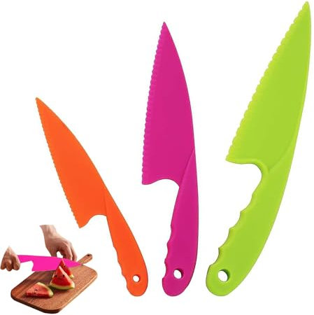 WQEDVN 3 PCS Plastic Knives, Kids Knife Set for Chopping, Toddler Knives, Kids Kitchen Knife Set, Childrens for Chopping, for Vegetables, Fruits, and Salad(Orange+Green+Rose Red)