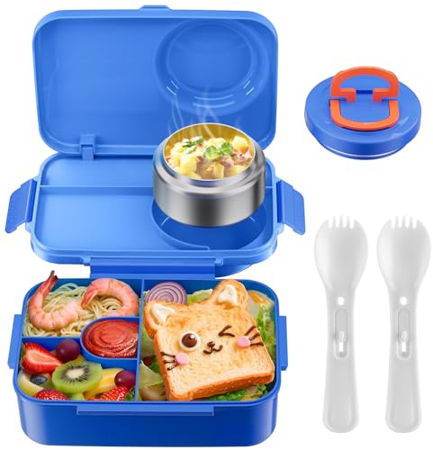 DaCool Upgraded Kids Lunch Box with Thermo for Hot Food 1400ml Child Bento Box for Kids with 5oz Small Thermo for Boys Girls with Fork Spoon Leakproof for Dining Out School Work Picnic, Blue