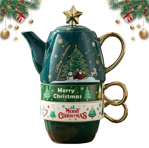 Christmas Red Tea Cup Gift Package Ceramic Tea Pot with 2 Tea Cups Set Nordic Household Milk Cup British Tea Cup Coffee Pot Floral Tea Cups Christmas Series Teapots for 2 (Christmas Tree B)