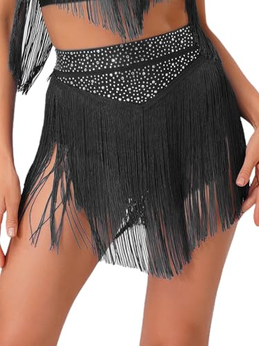 Sinleey Jupe de Danse Latine Femme à Franges Strass Jupe avec Slip Intégré Costume Danse de Salon Rumba Chacha Samba Salsa Noir XL