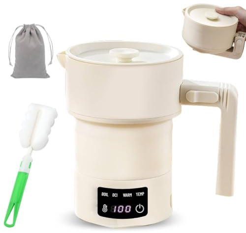 Faltbarer Wasserkocher, 0.6L Silikon Faltbarer Reisewasserkocher, Tragbarer Mini Camping Wasserkocher, Edelstahlboden Warmhaltefunktion 5 Minuten Schnelles Kochen für Küche Reise Camping