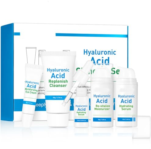 Kit de cuidado de la piel ácido hialurónico, set de regalo para mujeres con limpiador, suero, crema para los ojos y crema facial – Kit de viaje para el cuidado de la piel hidratada