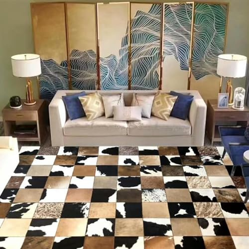 Tappeto Classico in Vera Pelle Bovina per La Casa, Tappeto in Pelle Bovina Fatto A Mano da Soggiorno Patchwork in Pelliccia di Mucca Pelle di Mucca in Pelle per Camera da Letto AR, 90cm×120cm