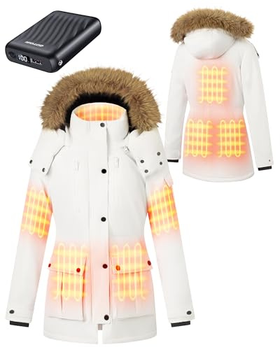 GOTOBI Women's Long Heated Jacket with Power Bank 12V 18400mAh, 8 Heating Zones Hooded Winter Coat with 3 Temperature Levels, Warm Jacket for Cycling, Camping & Outdoor Work, Grey,M