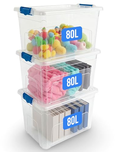 KAPCO Stackable Plastic Storage Boxes 3 x 80L with Clip Lock Lids | Large Clear Containers for Garage, Kitchen, Home, Loft & Office | Durable Modular Bins for Moving, Organising | BPA Free – 80 Litre